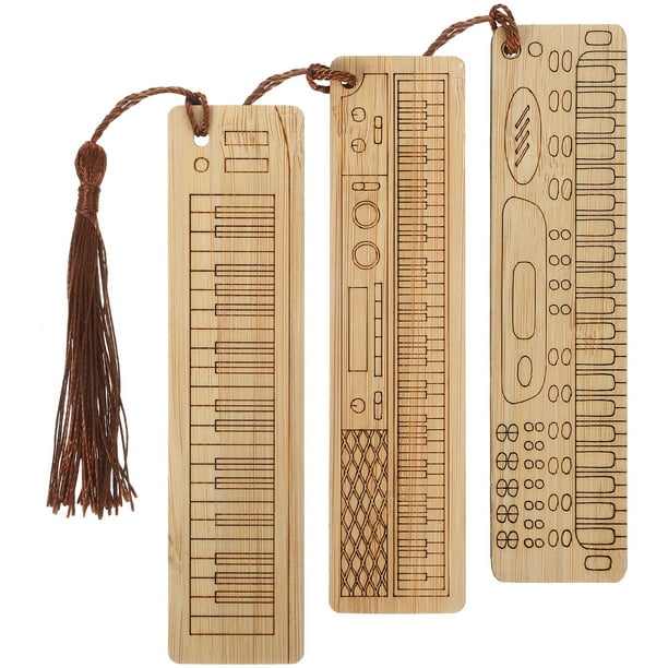 3 marcadores de libros decorativos de bambú con forma de órgano electrónico y diseño de borlas