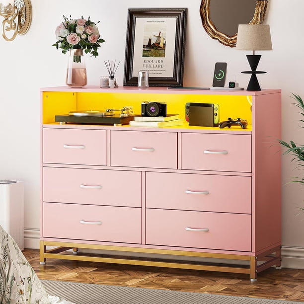 Moderno 7-cajón cómoda rosa: de madera long cómoda con LED lights y estación de carga para dormitorio, sala de estar, y hallway