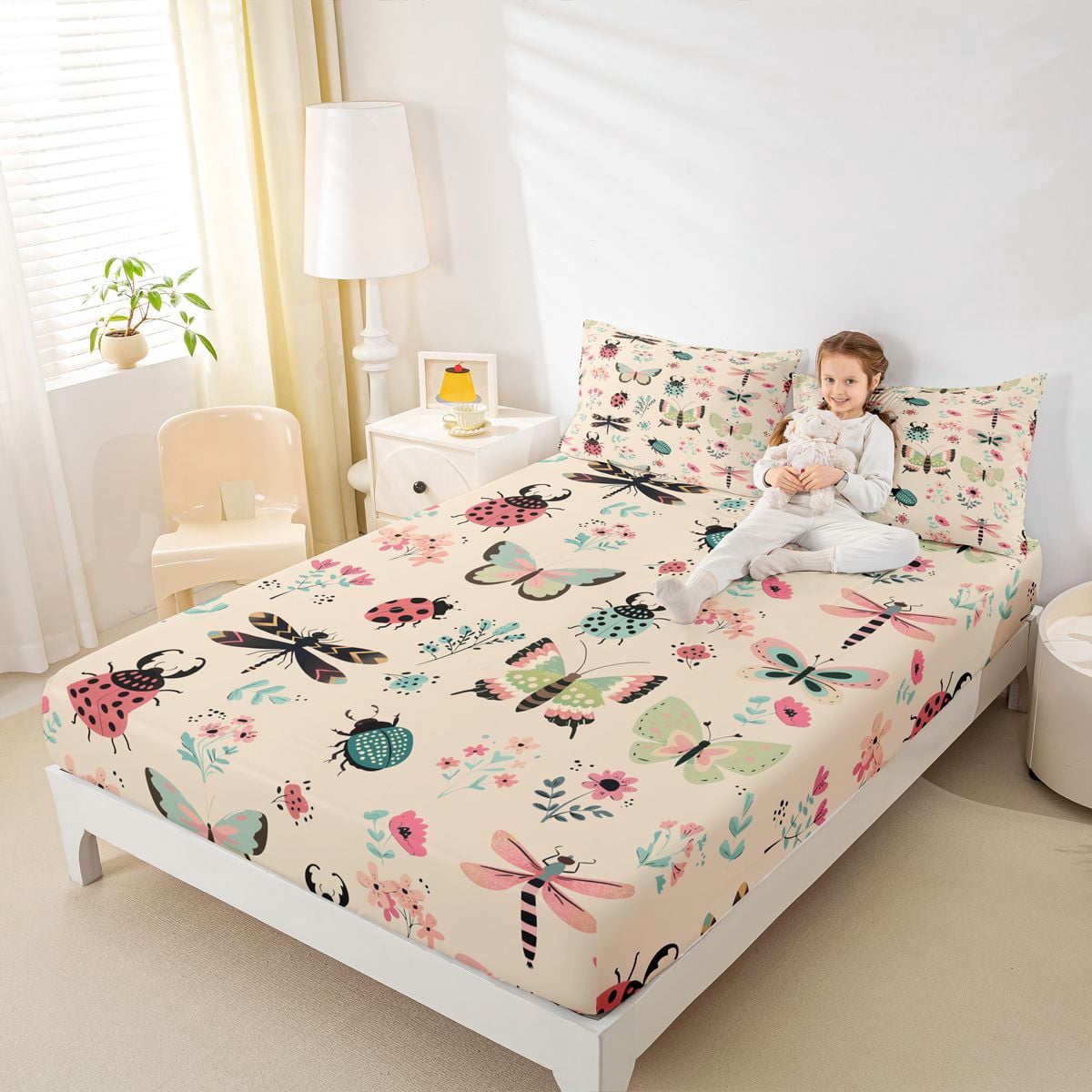 Homewish Cartoon Butterfly Ladybug Bed Sheets, Cute Animal Insect King Sheets, Princess Wheat Cartoon Sheet Set, Microfiber Bedroom Decor, 4 Pieces