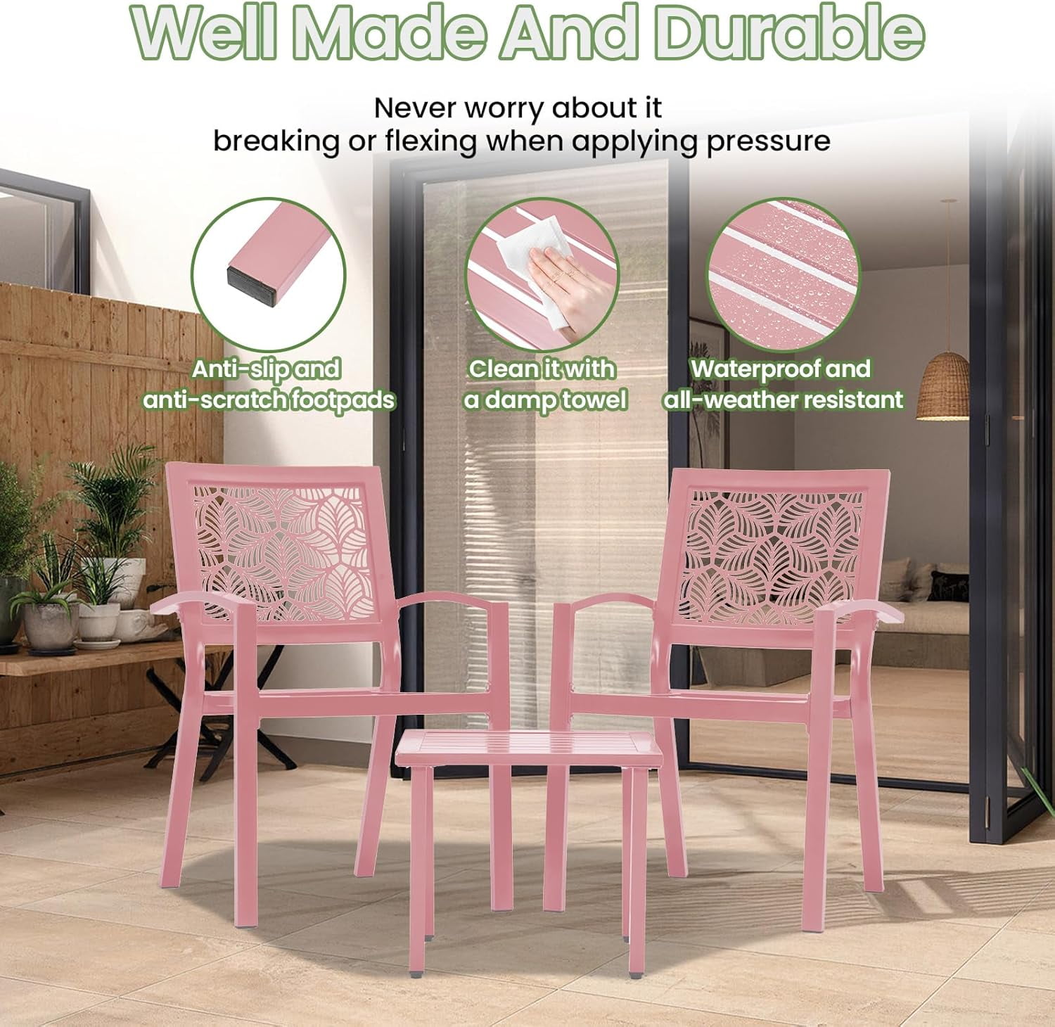 3 Piece Patio Bistro Set, Outdoor Steel Furniture Set, Stackable Modern Conversation Sets for Balcony Garden Deck Patio w/2 Chairs 1 Table, Pink