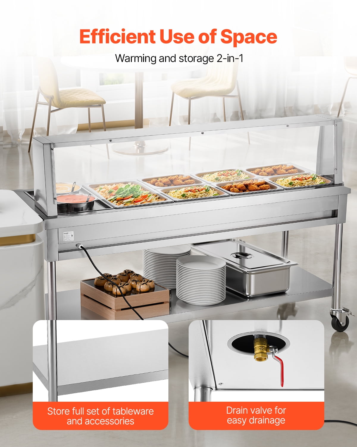 VEVOR Commercial Electric Food Warmer, 7 Pans + 2 Pots Steam Table, 1800W Professional Buffet Catering Food Warmer with Shield Undershelf Wheels, Stainless Steel Server