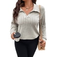 thumbnail image 3 of Suéter de Punto Informal de Talla Grande para Mujer, Cuello en V, Solapa, Color Liso, Camisa de Larga. Albaricoque 4XL, 3 of 8