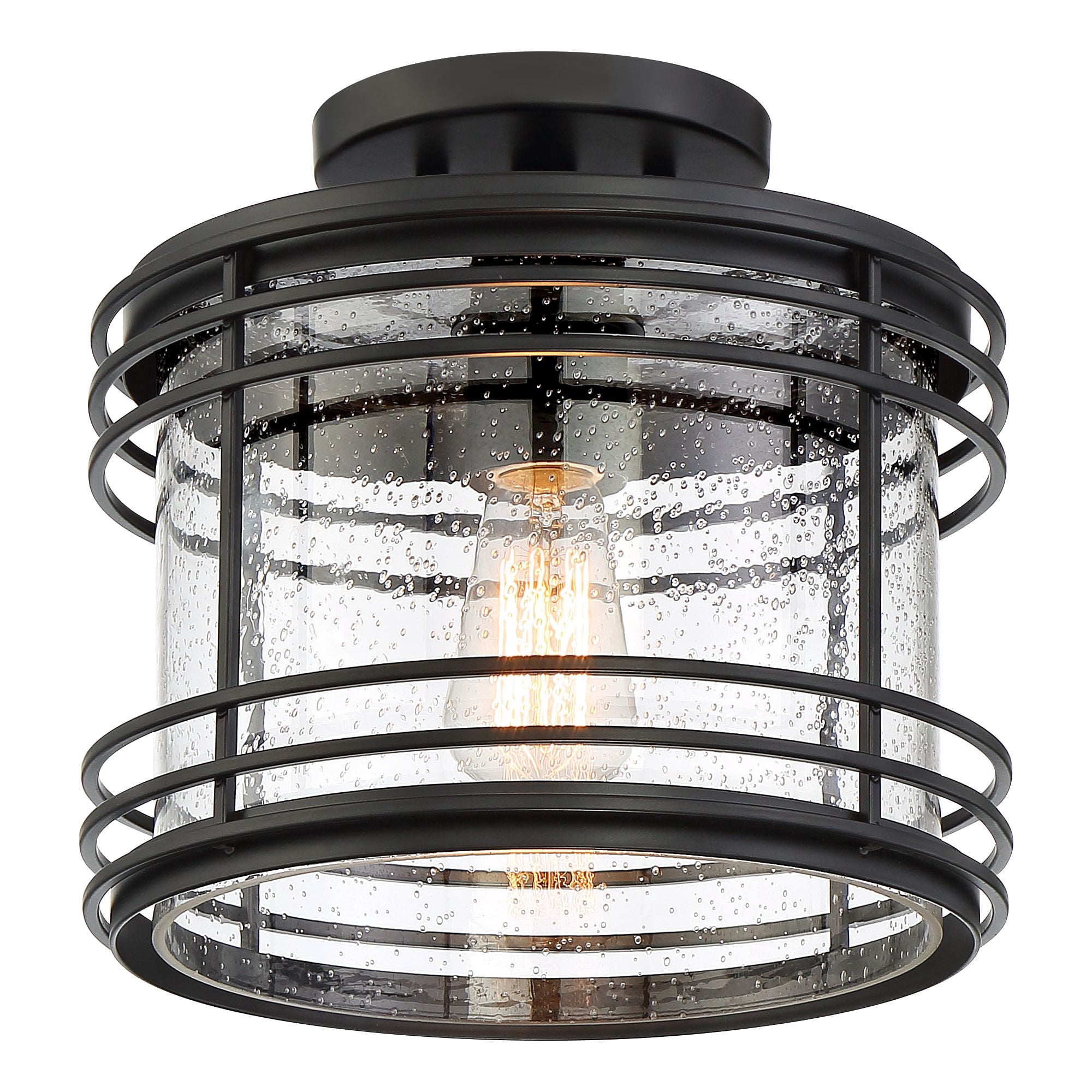 Possini Euro Design Modern Semi Flush Mount Outdoor Ceiling Light Fixture Black Geometric 11" Clear Seedy Glass for Exterior House Porch Patio Deck