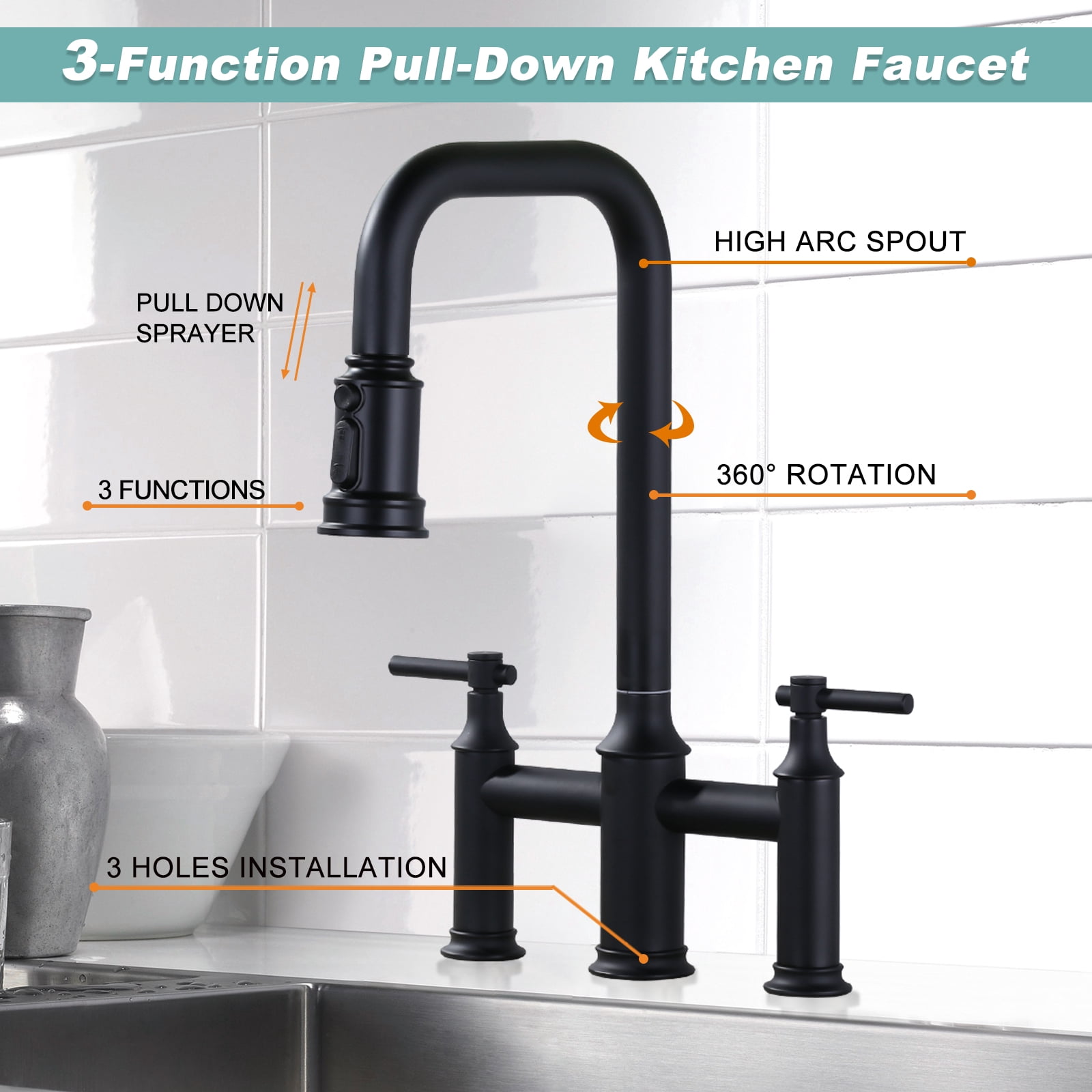 Double Handle Bridge Kitchen Faucet with Advanced Spray in Black