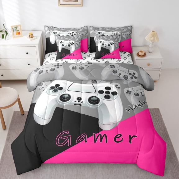 Manfei Chic Gamepad Teens Twin Bedding Sets 7-Piece, Black Pink Cartoon Bedding Comforter Set, Game Console Player Reversible Sheet Sets, Breathable Home Decor