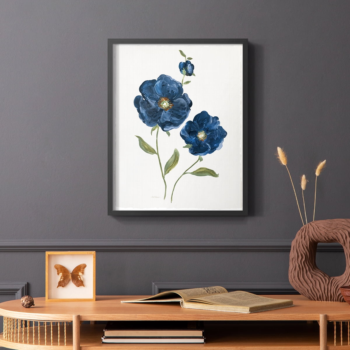 Blue Poppies Framed Print in Black Solid Wood Framed Print No Nail Hanging