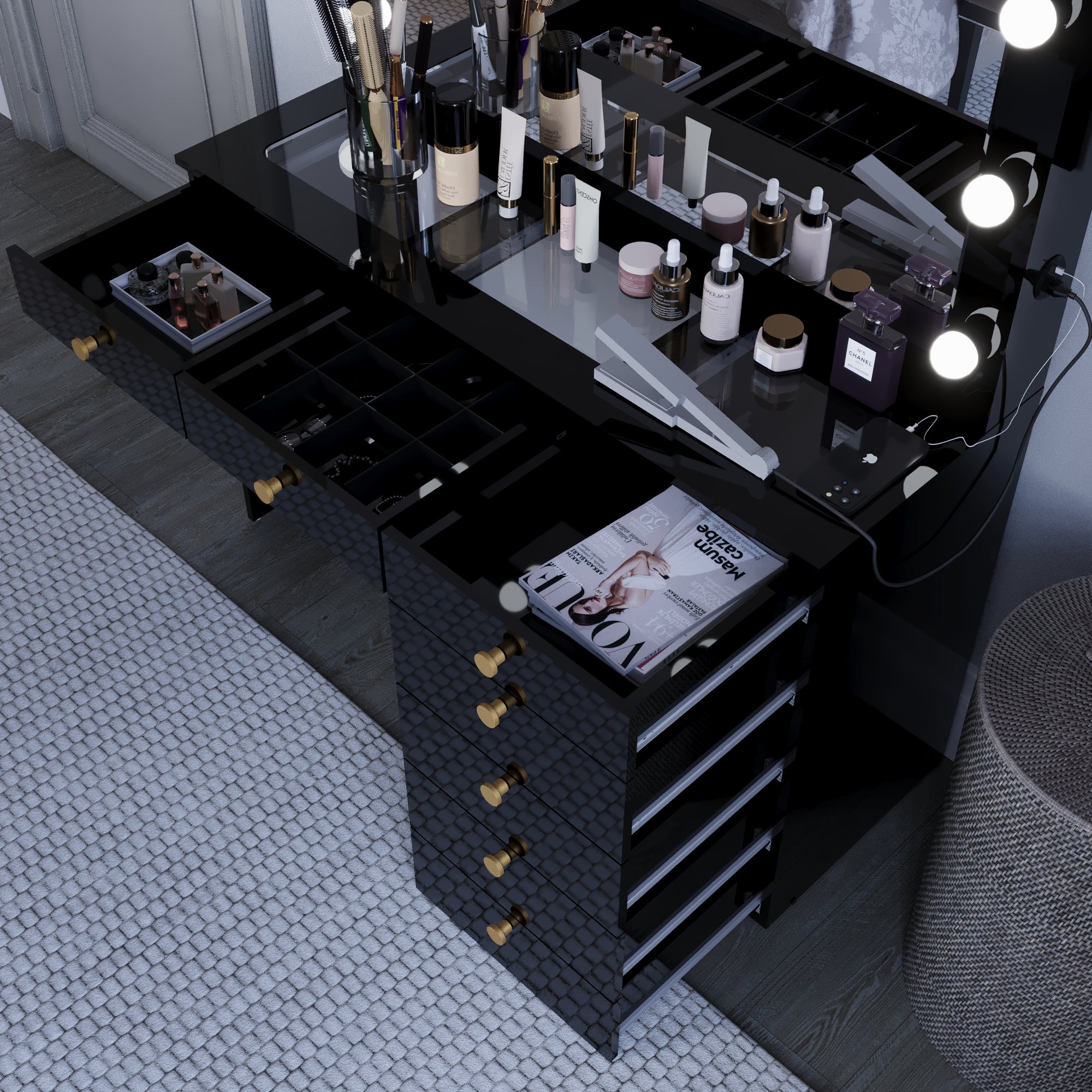 Ember Interiors Nadia Makeup Vanity with Lights, 7 Drawers, Power Outlet, Gold Knobs, Black