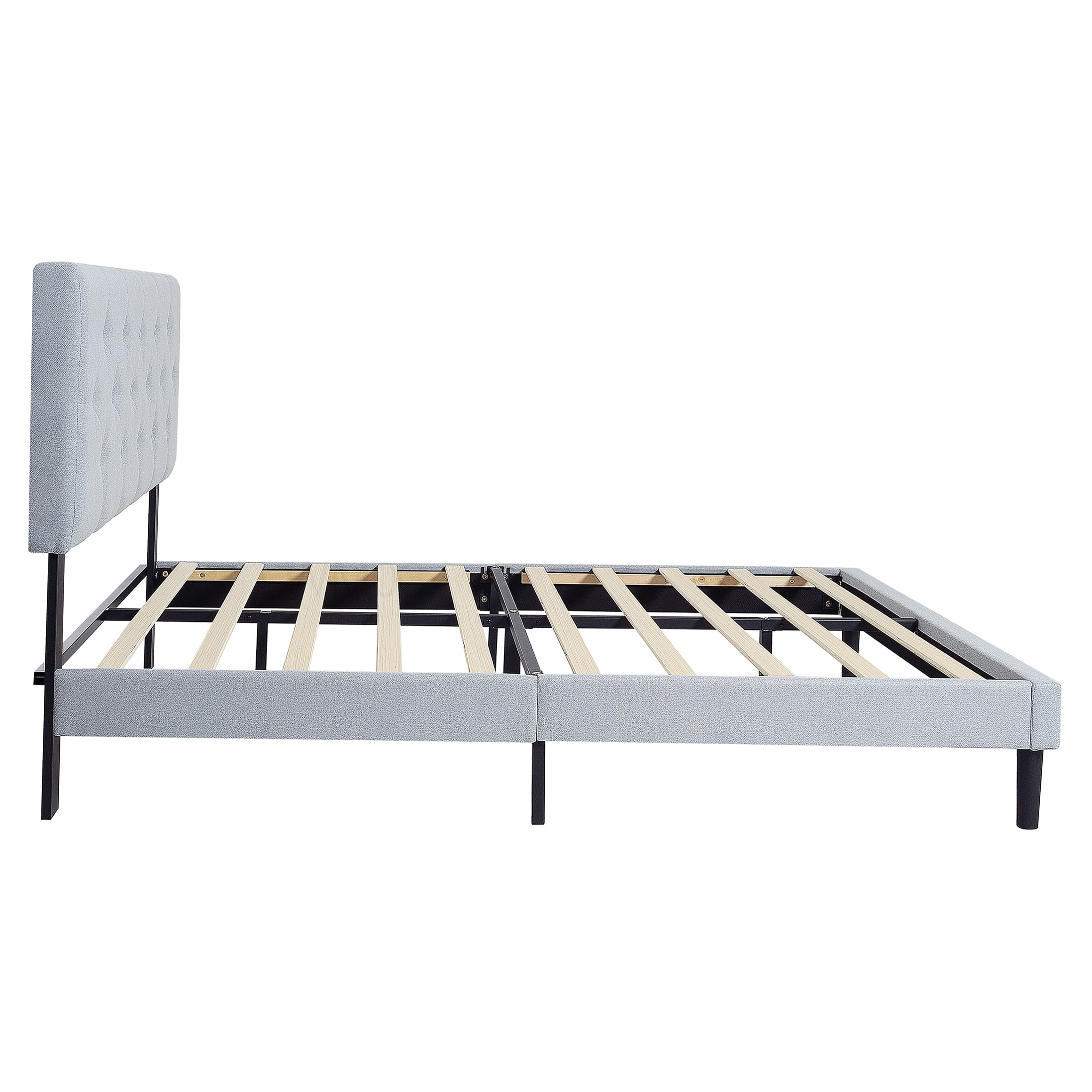 Modern Light Grey Upholstered Queen Bed, Platform Frame with Button Tufted Headboard and Wood Slats, Under Bed Clearance