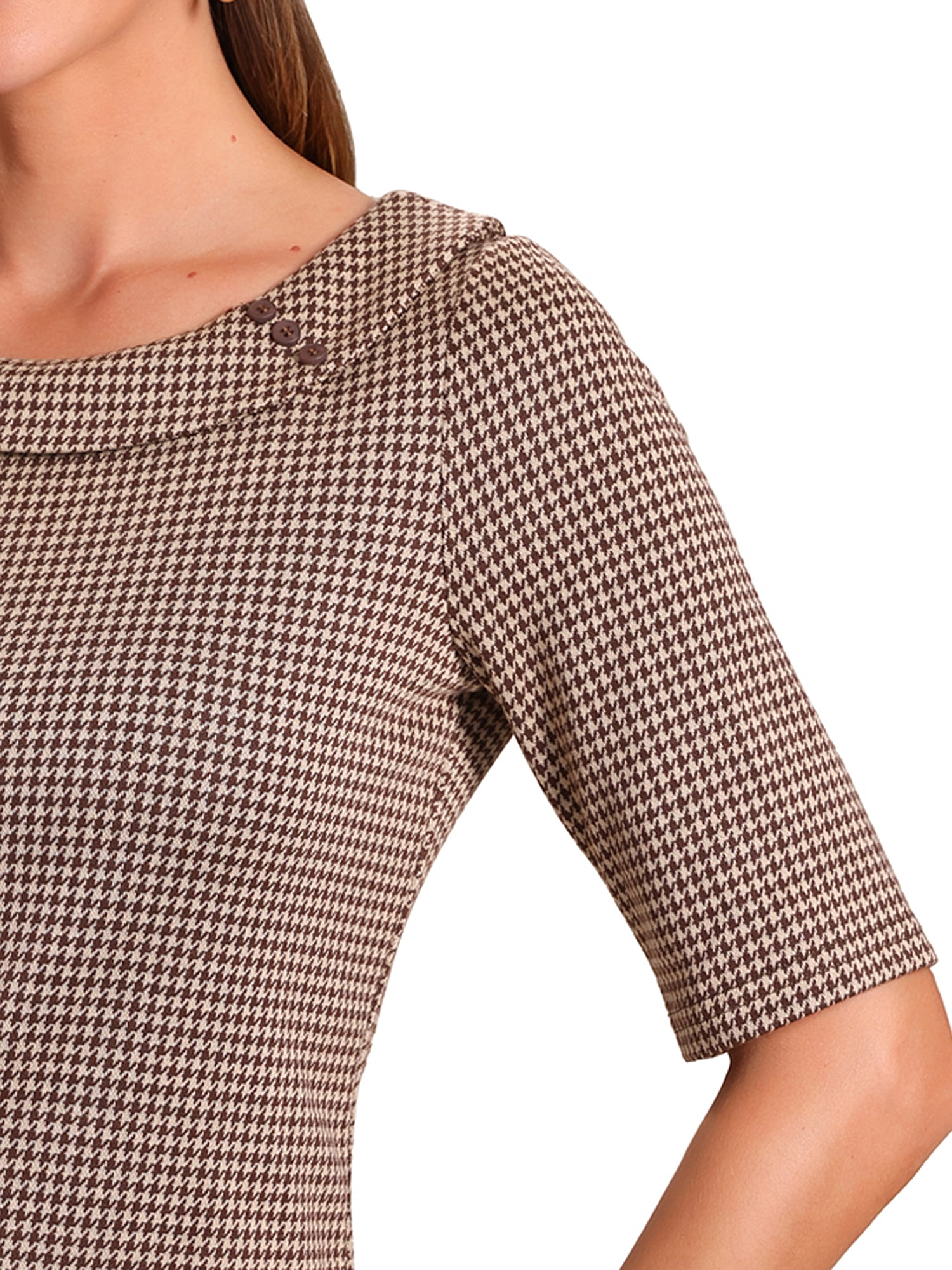 DARING DIVA Women's Half Sleeve Boat Neck Houndstooth Tops M Brown