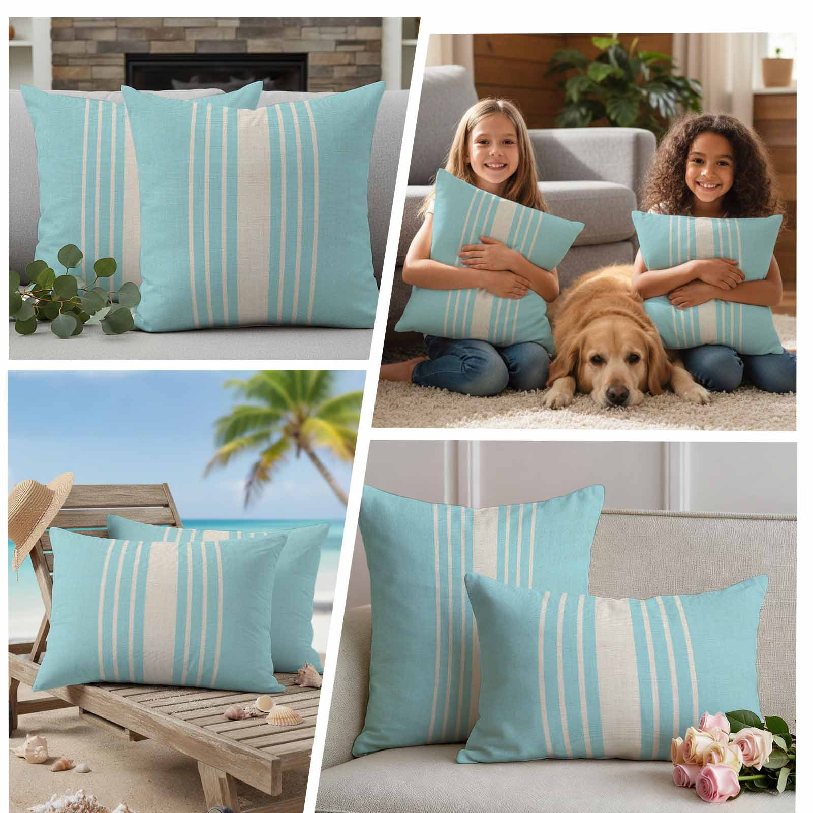 Aqua Beige Striped Outdoor Waterproof Pillow Covers, Modern Farmhouse Retro Lines Decorative Square Throw Pillowcase Sofa Cushion Sham for Patio/Couch/Chair, 26"x26" 2 Pack
