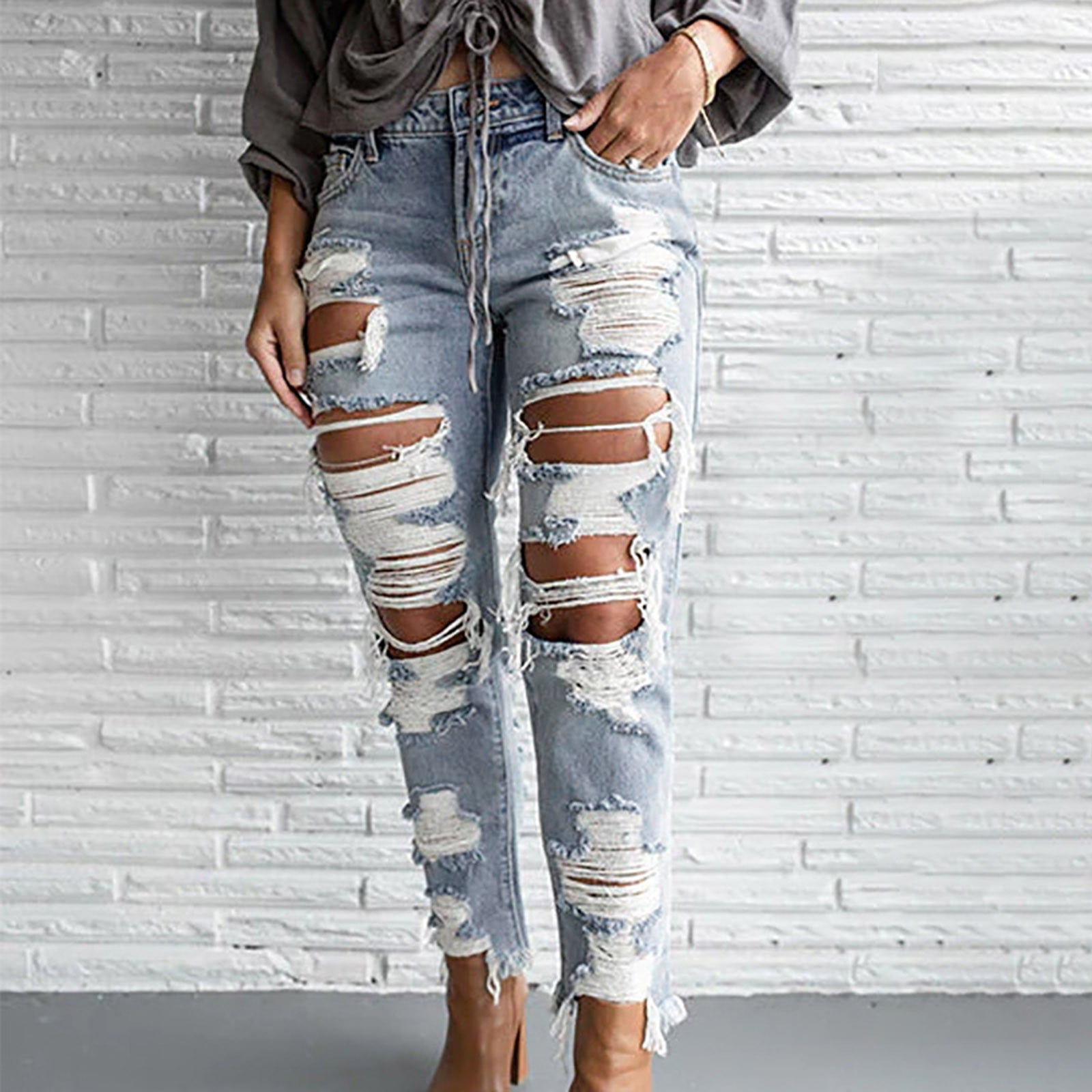 RYRJJ Women Skinny Bell Bottom Jeans Button High Waist Ripped Flared Jean  Destroyed Raw Hem Flare Denim Pants(Dark Blue,XS) 