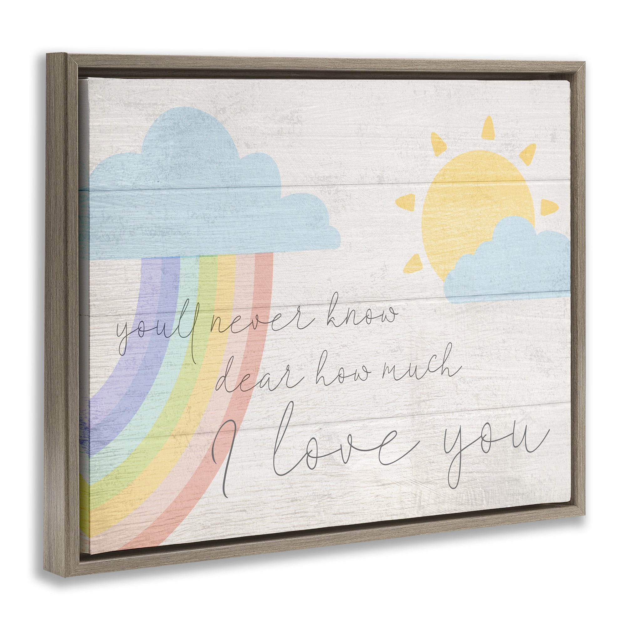 Stupell Industries Love You with Rainbow & Clouds Art for Kids Painting Brown Floater Framed Canvas Art Print Wall Art, 31 x 25