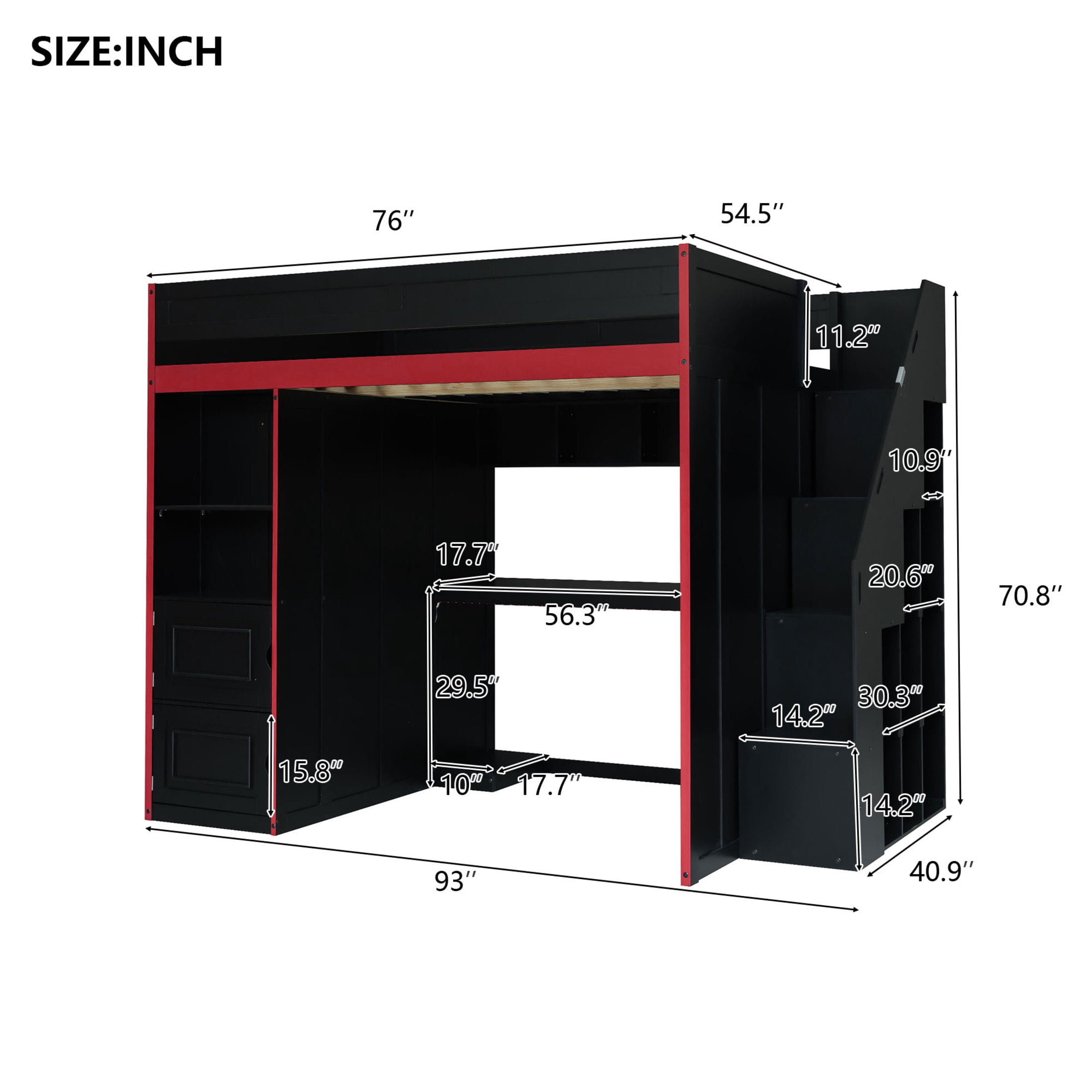 Noble House Mira Full Gaming Loft Bed, Desk with Storage Locker & LED Lights, Solid Wood Frame, Black and Red