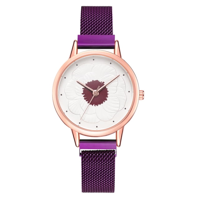 Reloj de pulsera de cuarzo con esfera redonda y cinturón de malla de aleación informal de moda simple para mujer (púrpura)