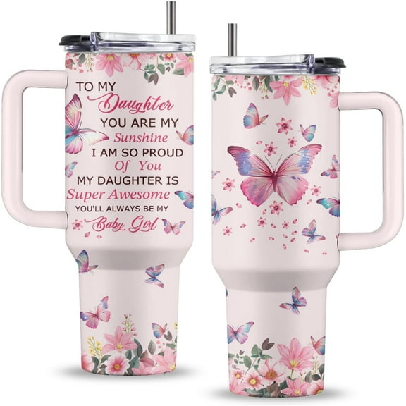 Daughter Birthday Gifts, 40 Oz to My Daughter Cup with Handle & Straw, Gift from Mom, Birthday presents for Daughters Adult, Daughters Tumbler with Butterfly, Gifts for Mothers Day