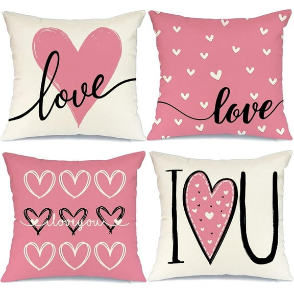 Valentine's Day Pillow Covers 16 x 16 Inch Set of 4, Love Heart Valentines Pillows Decorative Throw Pillowcases for Home Sofa Couch Cushion Decoration (Pink) G188-16