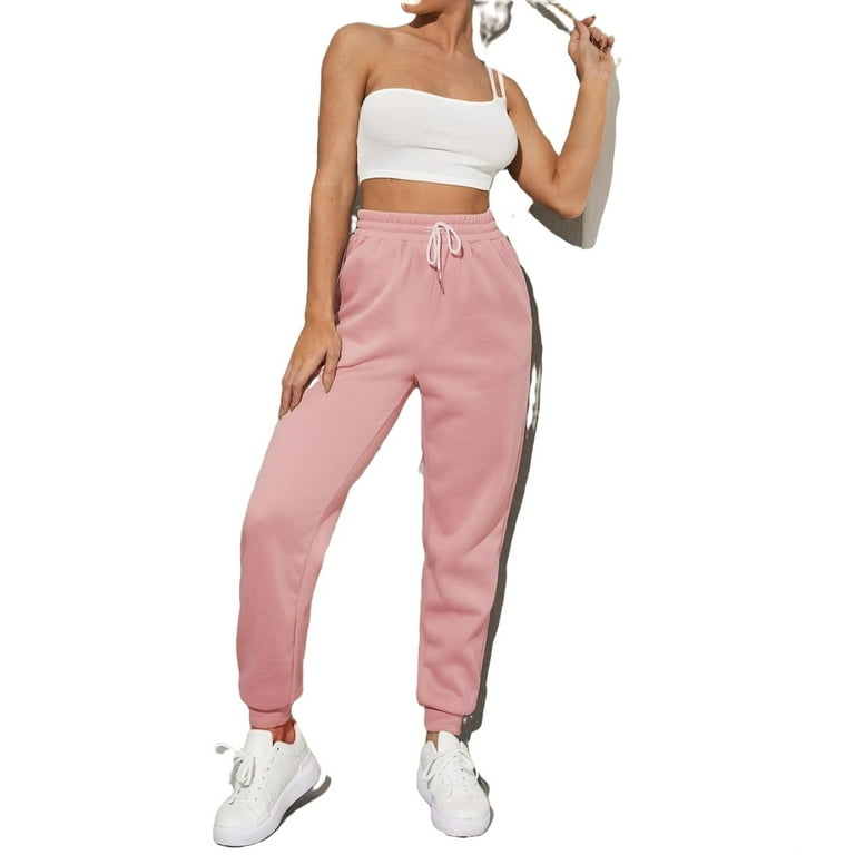 Womens Drawstring Waist Sweatpants Plain Long Regular Fit Baby Pink XS 