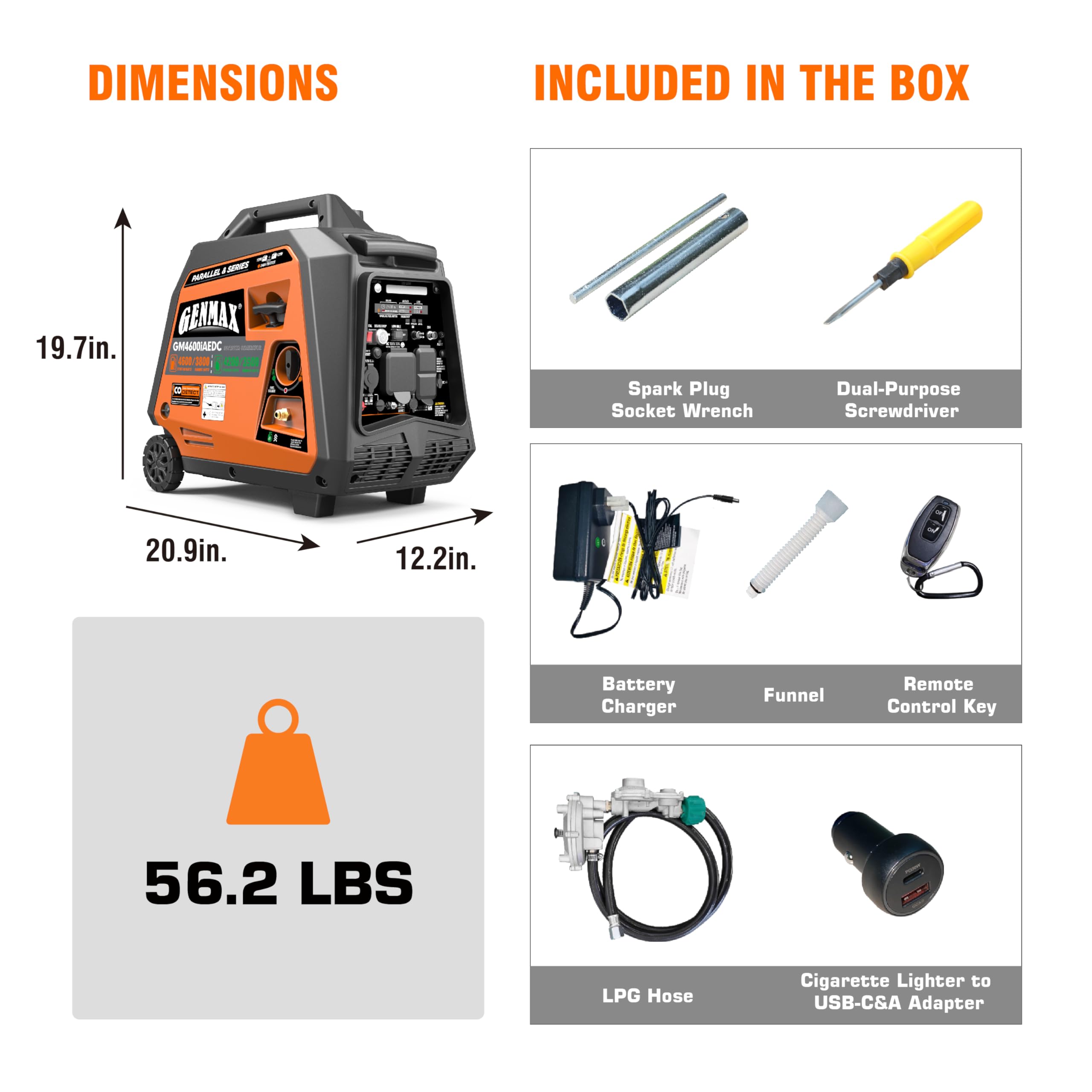GENMAX 4600W Dual Fuel Inverter Generator, Super Quiet, Remote Start with 120V&240V and LED Light for Camping and Home Backup