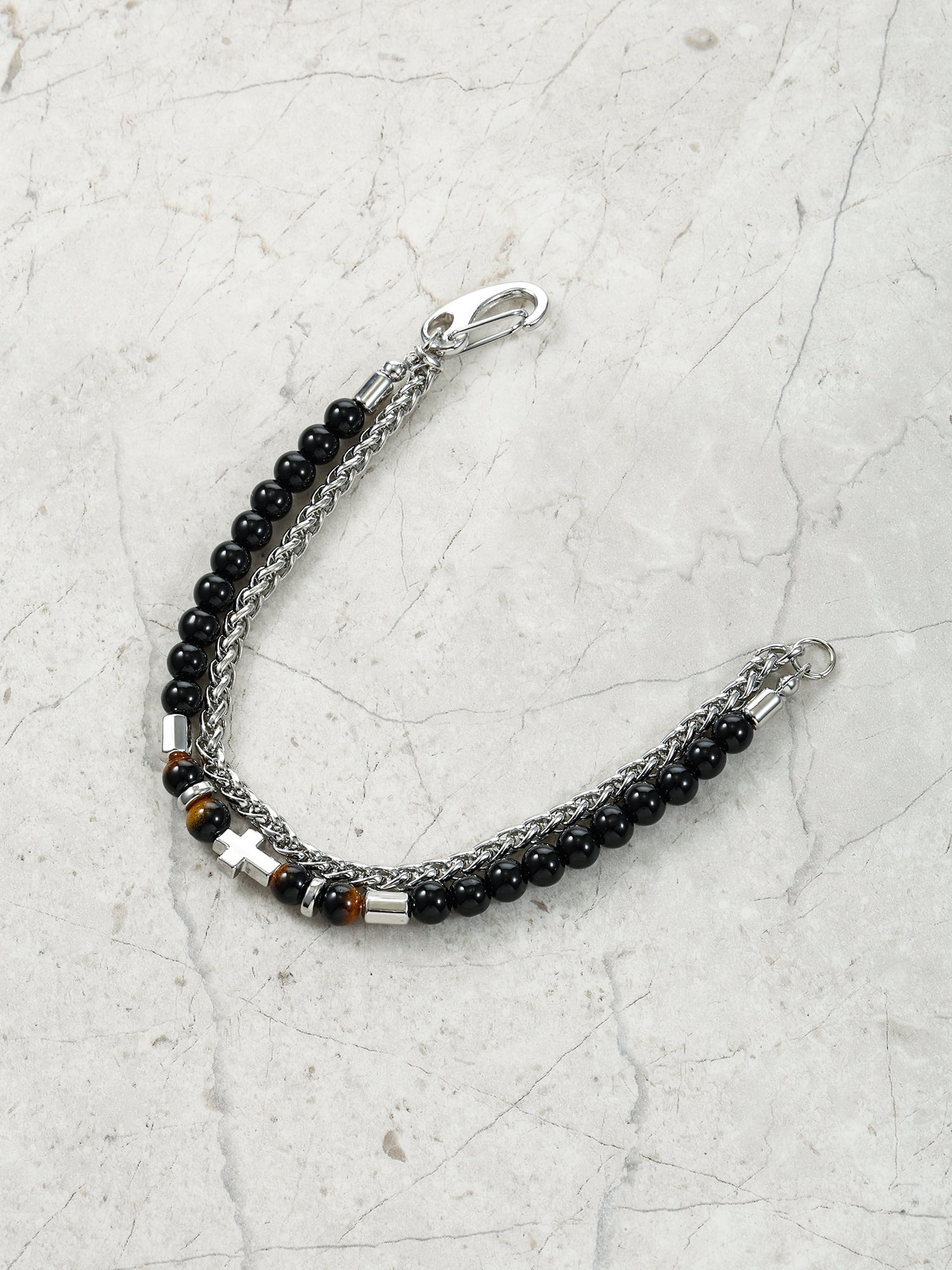 No Boundaries Men's Beaded Cross Bracelet, Black and Silver, 1 Pack