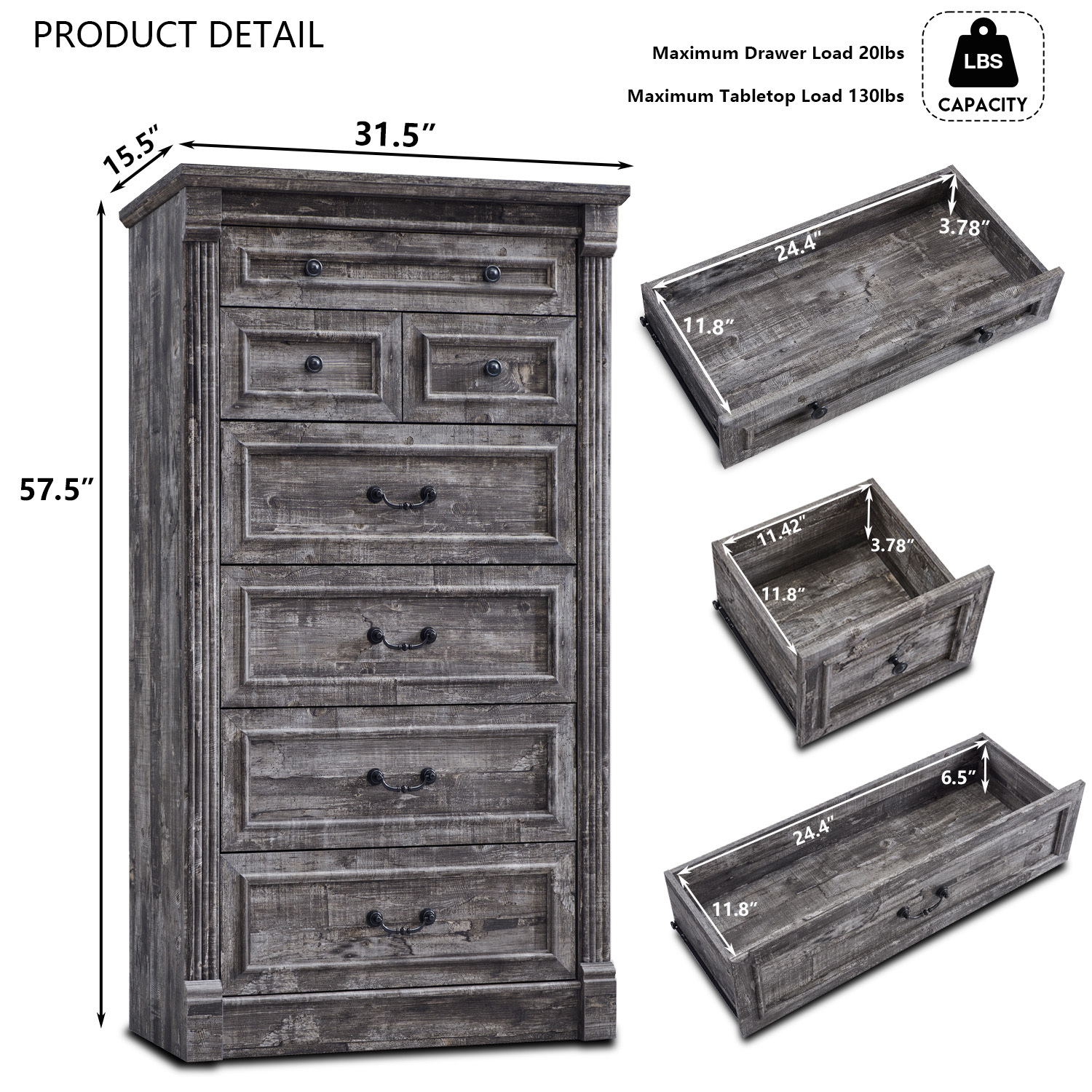 wow97e Farmhouse 7 Drawers Dresser for Bedroom, 57" Tall Wooden Chest of Drawers w/Roman Column, Storage Dressers for Hallway, Living Room