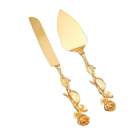

2 PCS Gold Cake Knife and Server Set Wedding Cake Cutting Utensils Vintage Engraved Cake Cutter