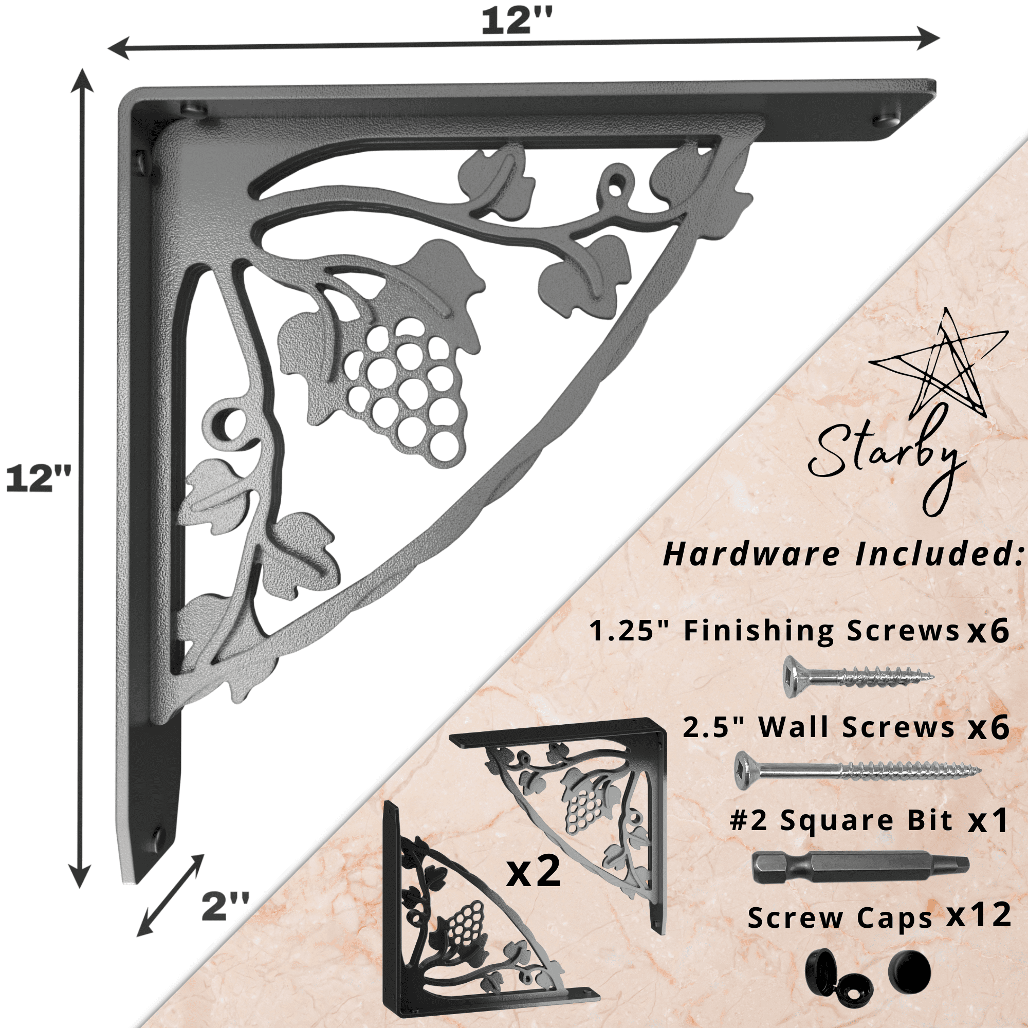 MADEIRA HEAVY DUTY STEEL FIREPLACE MANTEL BRACKETS, FLOATING SHELF, COUNTERTOP SUPPORT - HAND WELDED - 12" x 12" x 2"