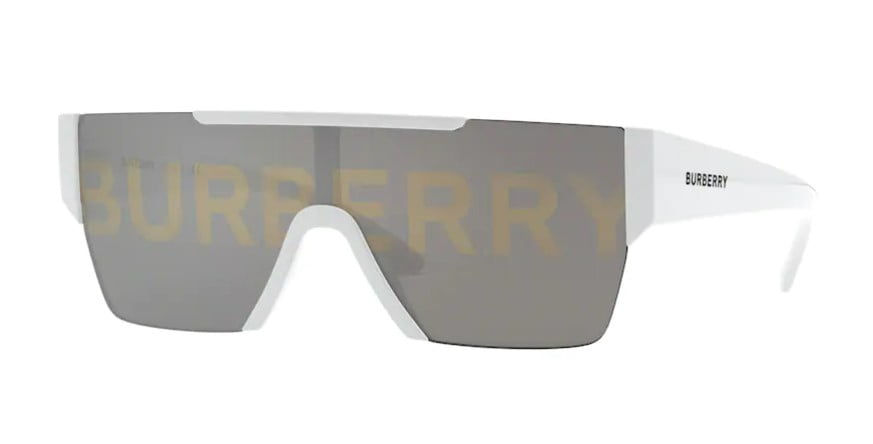 Burberry Men's White Flat Top Shield Sunglasses with Brand Graphic Mirror Lens Made in Italy
