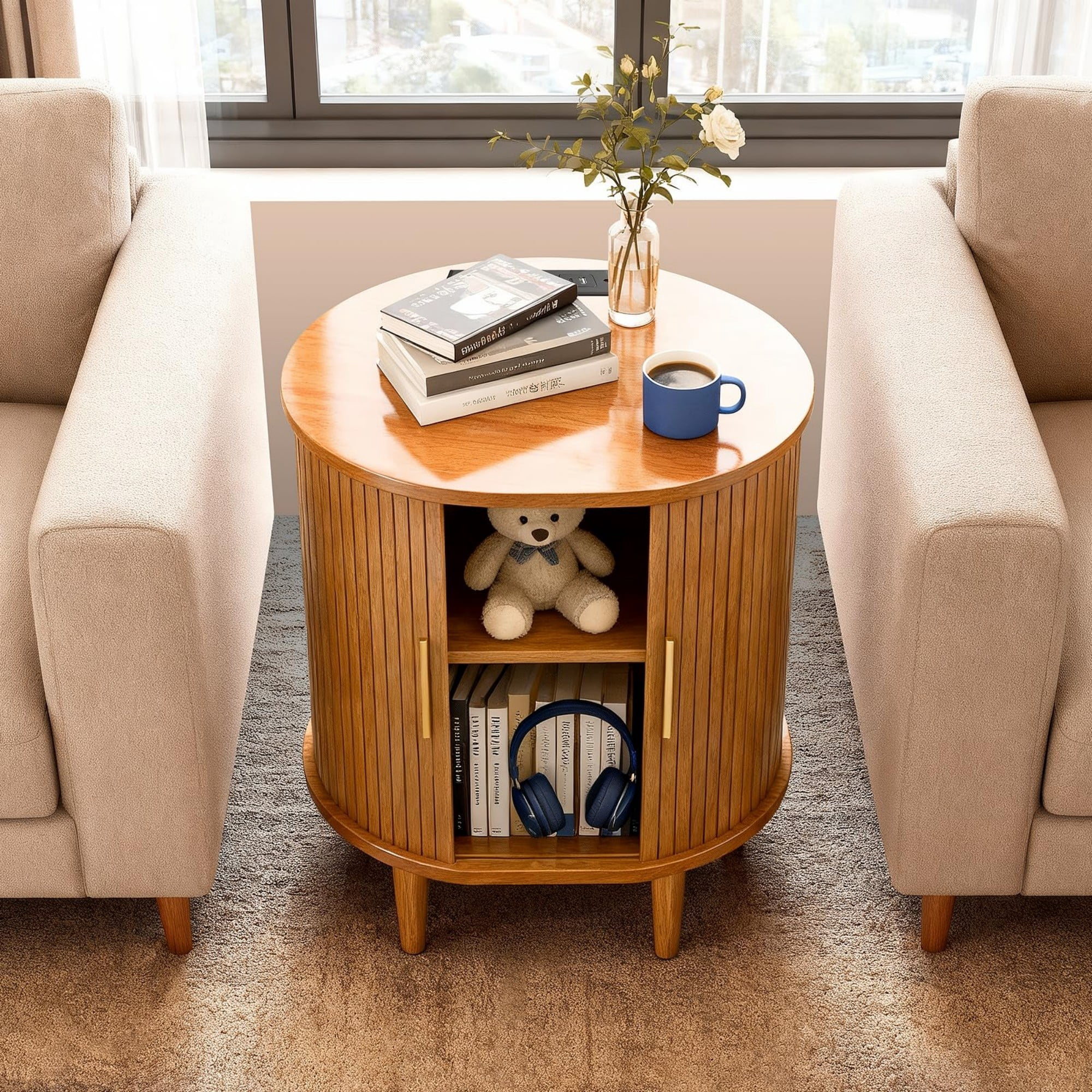 Mid Century Modern Nightstand Set of 2 with Charging Station, Fluted Side Table with Sliding Door & Adjustable Shelf, Yellow