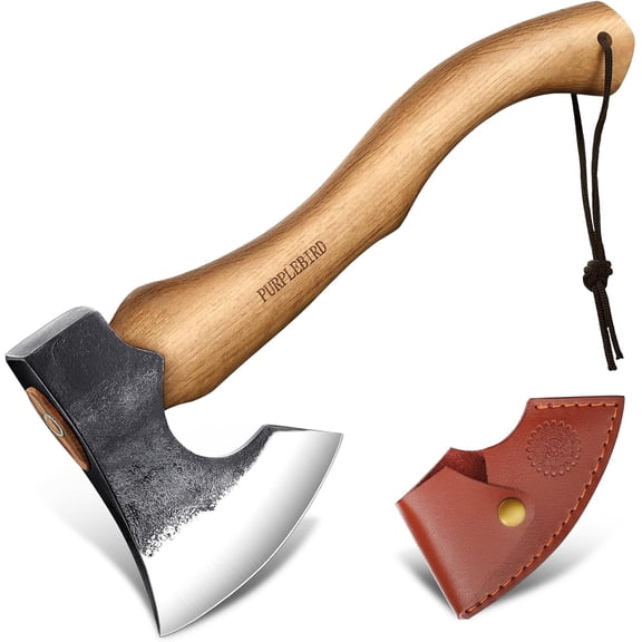 Hatchet Axe with Sheath for Camping, 15 Inch Bushcraft Axe Carbon Steel Chopping Axe Wood Handle Splitting Axe, Hand-Forged Camping Hatchet for Carving Bushcraft Outdoor Forest Garden