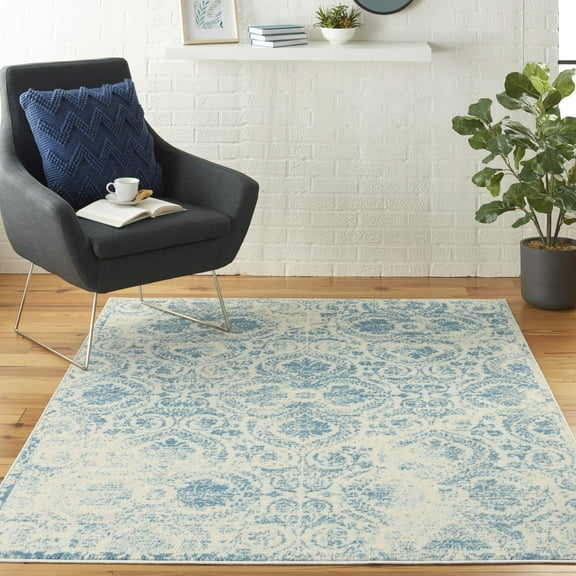 Nourison Jubilant Damask Blue 5'3" x 7'3" Area Rug, (5x7)