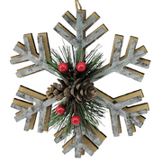 Holiday Time Snowflake with Pine Ornament. Casual Traditional Theme. Rustic Finish. Gray & Brown Color