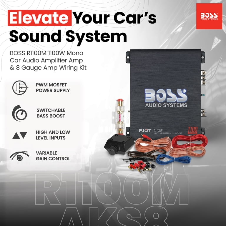 BOSS R1100M 1100W Mono Car Audio Amplifier & 8 Gauge Amp Wiring