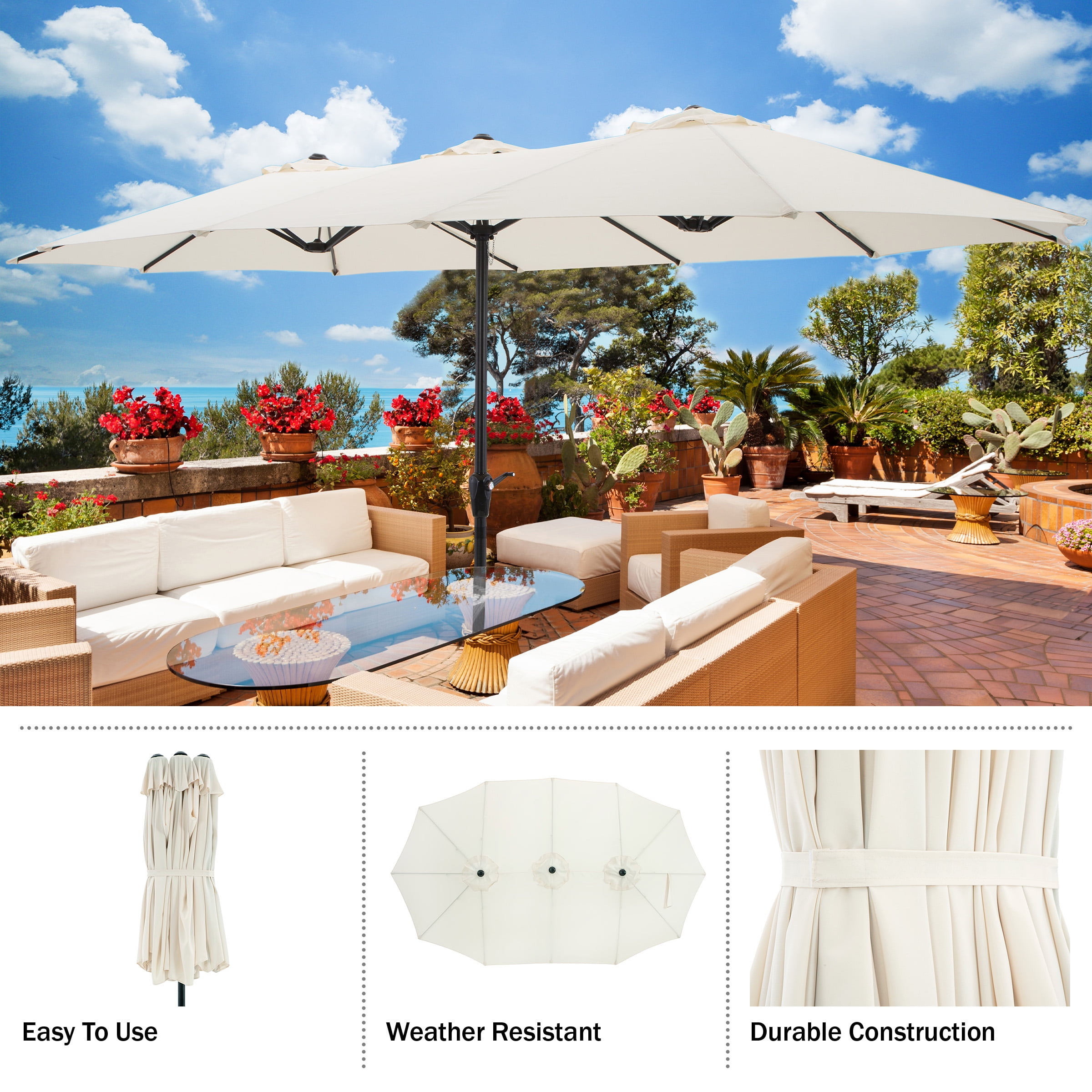 Pure Garden 15 Ft Double Patio Umbrella – XL Sunshade with Hand Crank, Beige
