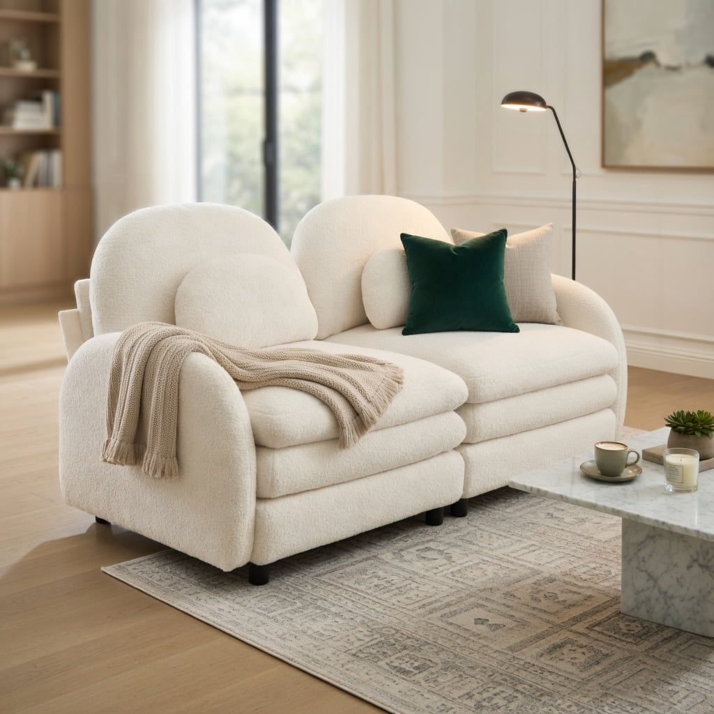Hommoo Teddy Fleece 4-Seat Modular Sectional Sofa with Curved Backrest, Cloud-Like Double-Layer Cushions & 2 Movable Ottomans, Beige
