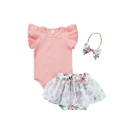 

TheFound 3pcs Toddler Baby Girls Clothes Fly Sleeve Solid Romper Tops Floral Lace Tutu Skirts Headband Sets