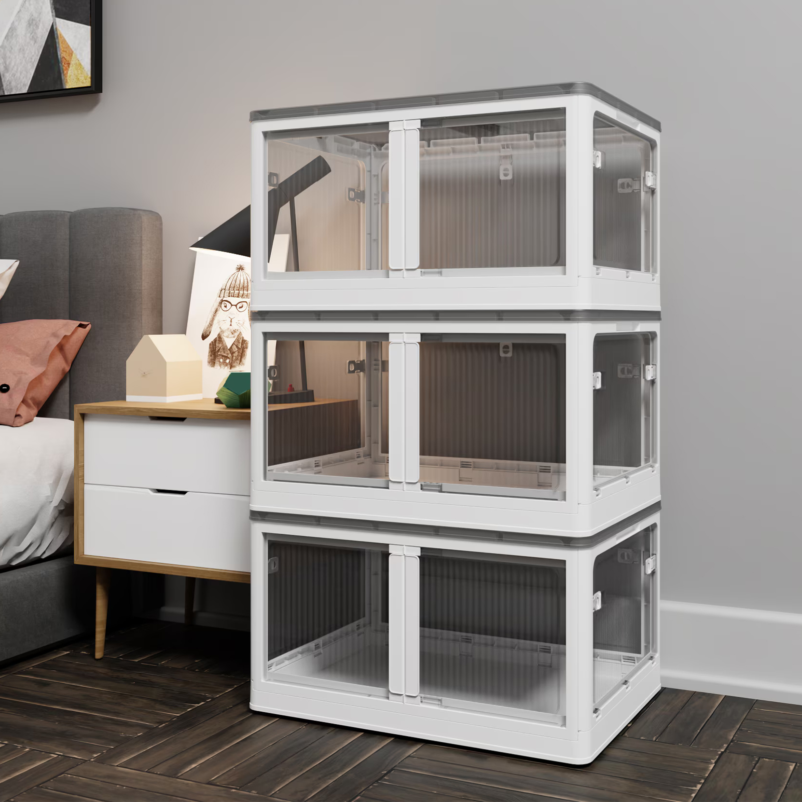 384QTPlastic Storage Bins with Lids, 3 Pack Stackable Collapsible Storage Bins for Closet Organizers and Storage, Folding Storage Container Open Front Cabinets with Doors and Wheels, White
