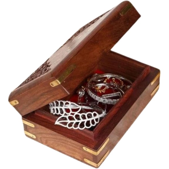 Handicrafts Sheesham Wooden Hand Carvings Jewellery Box Jewelry Organizer Handmade Gift for Women, Brown