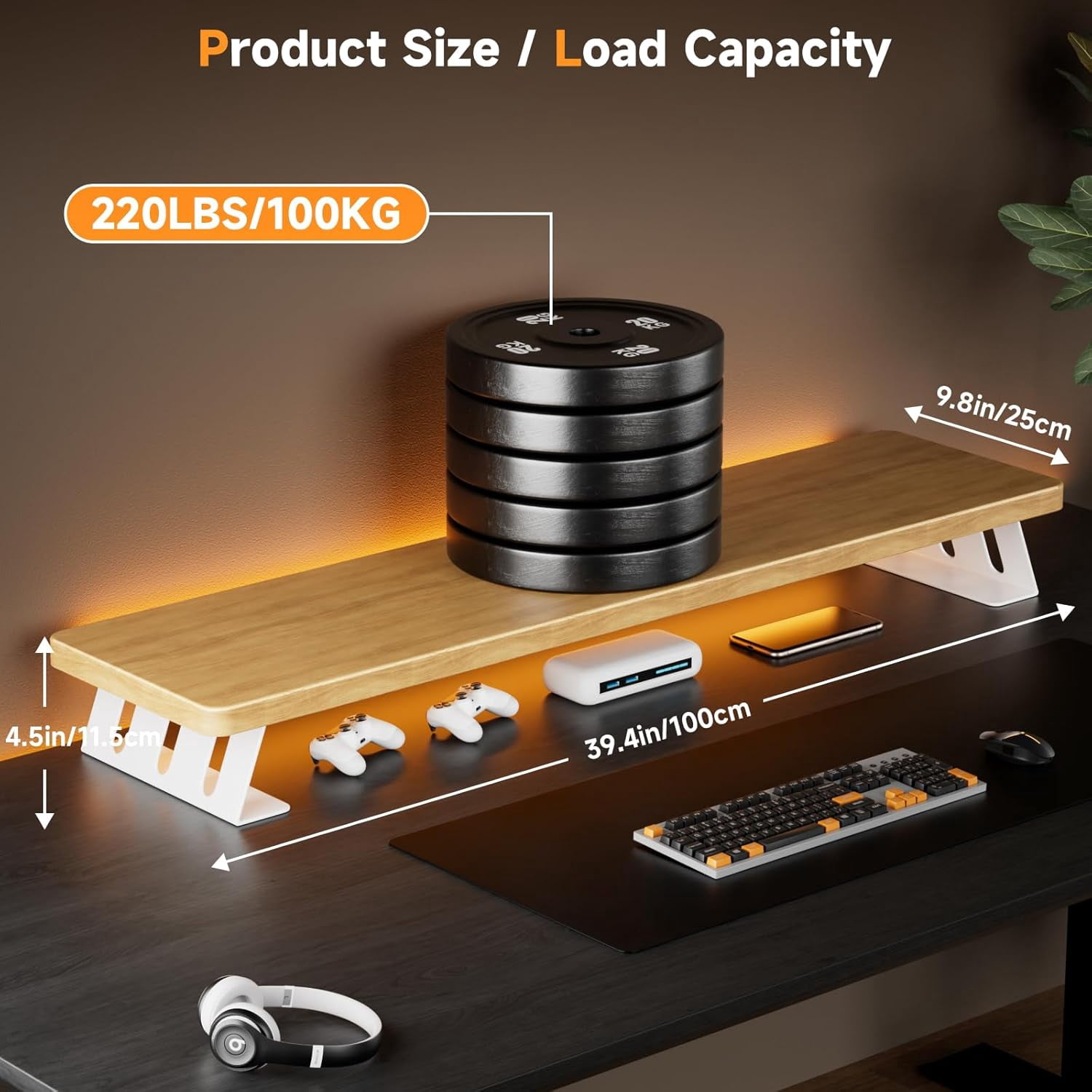 Dual Monitor Stand Riser, 39 Inch Large Wood Monitor Stands for 2 Monitors, Desk Monitor Riser for Computer/Laptop/Printer/TV, Supports  to 220 lbs