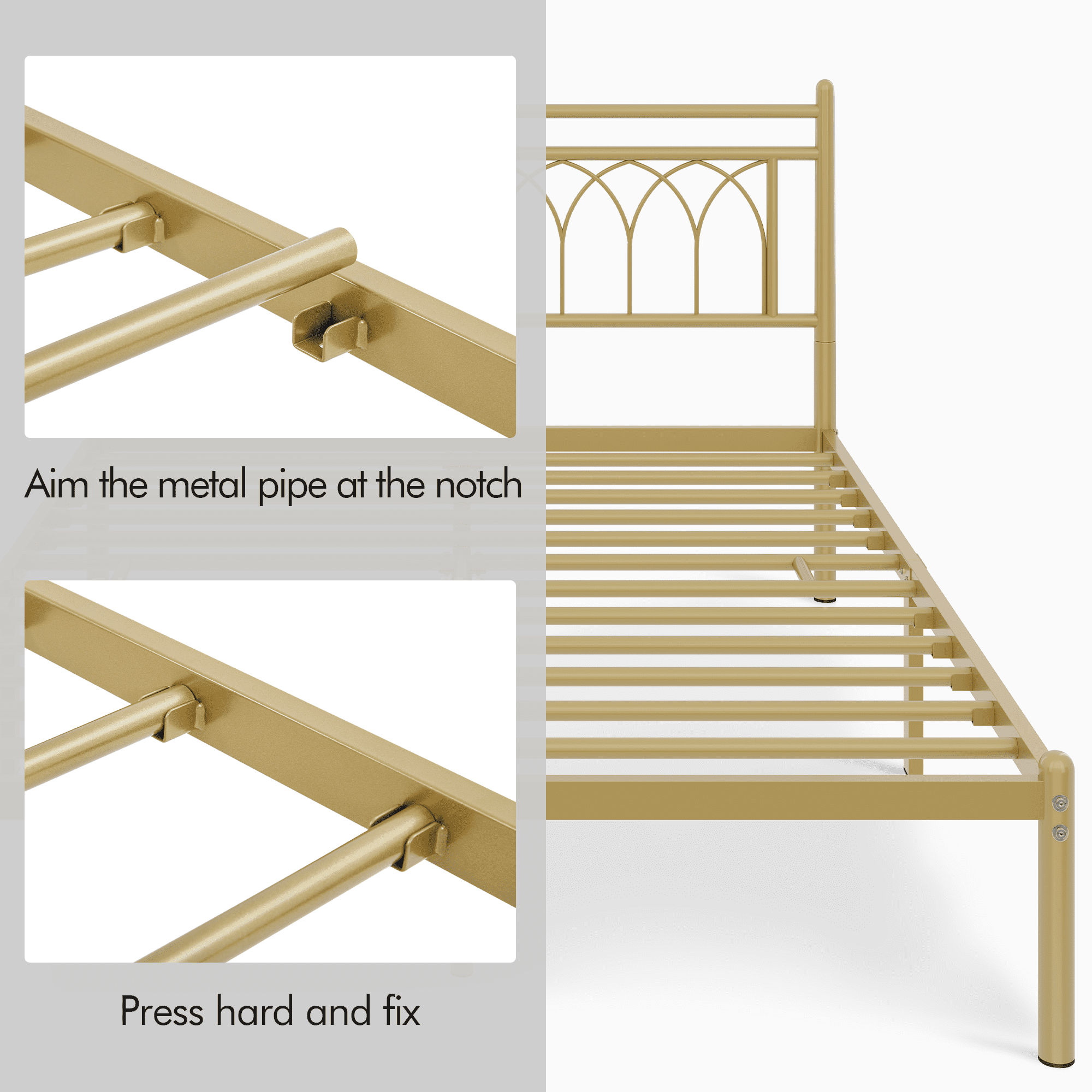 Renwick Jasmine Modern Metal Bed Frame with Petal Accented Headboard, Queen, Antique Gold