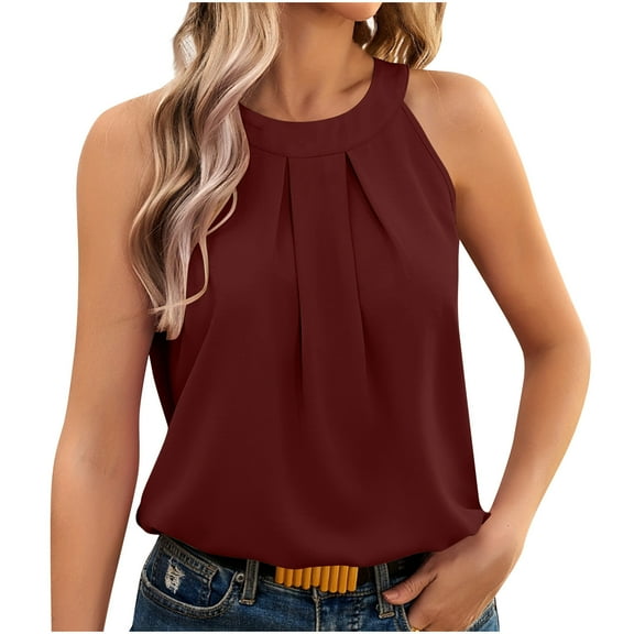 XuJwPNcy Women's Tank Tops Summer Crew Neck Pleated Loose Flowy Tops Office Cute Work Sleeveless Shirts