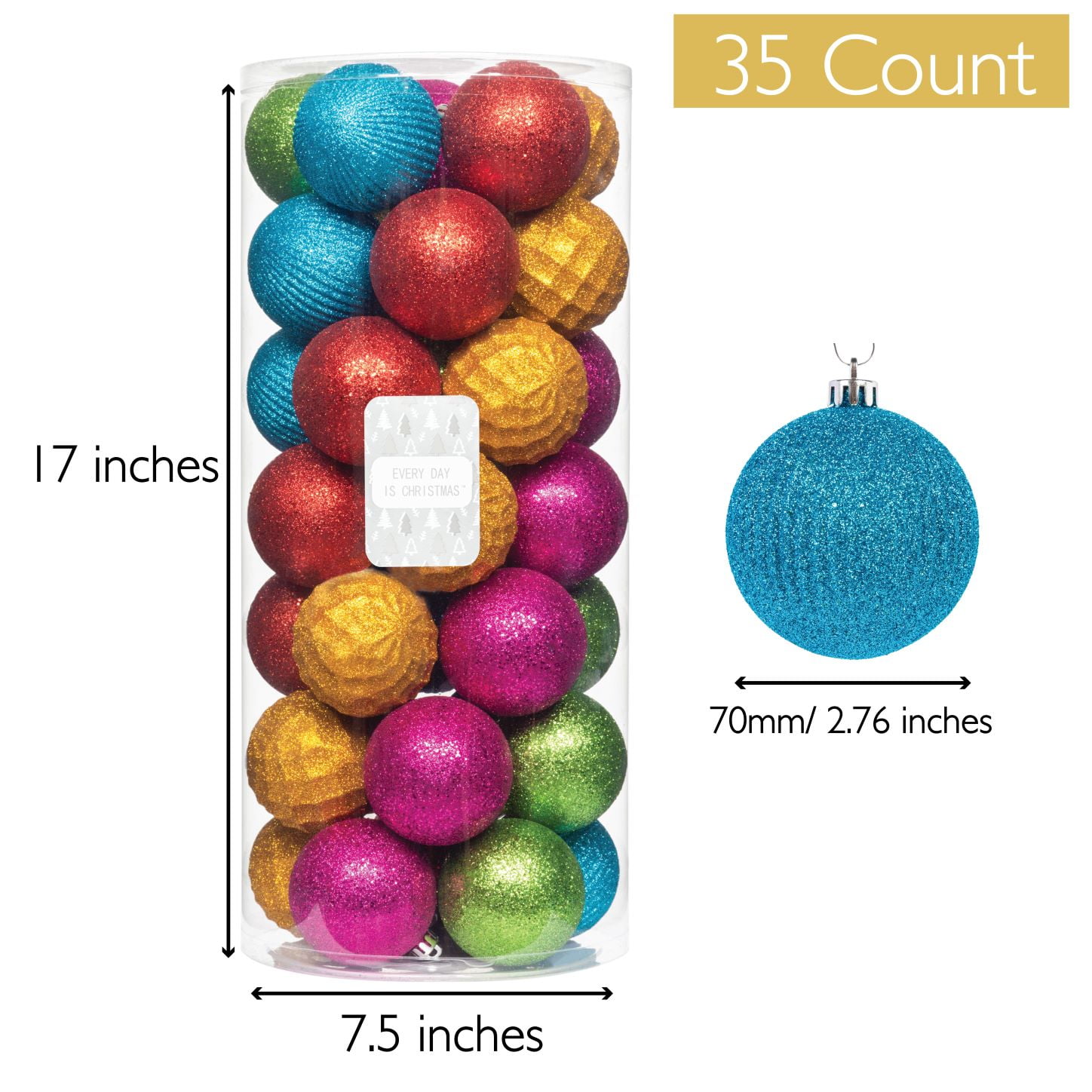 Plastic Every Day is Christmas Ornaments 48ct 40mm Glitter Rainbow