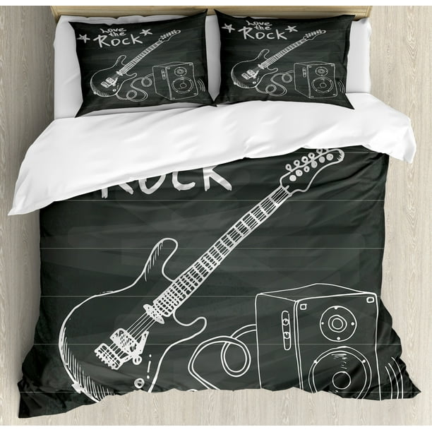 Guitar Duvet Cover Set Love The Rock Music Themed Sketch Art Sound Box And Text On Chalkboard Decorative Bedding Set With Pillow Shams Charcoal Grey White By Ambesonne Walmart Com Walmart Com