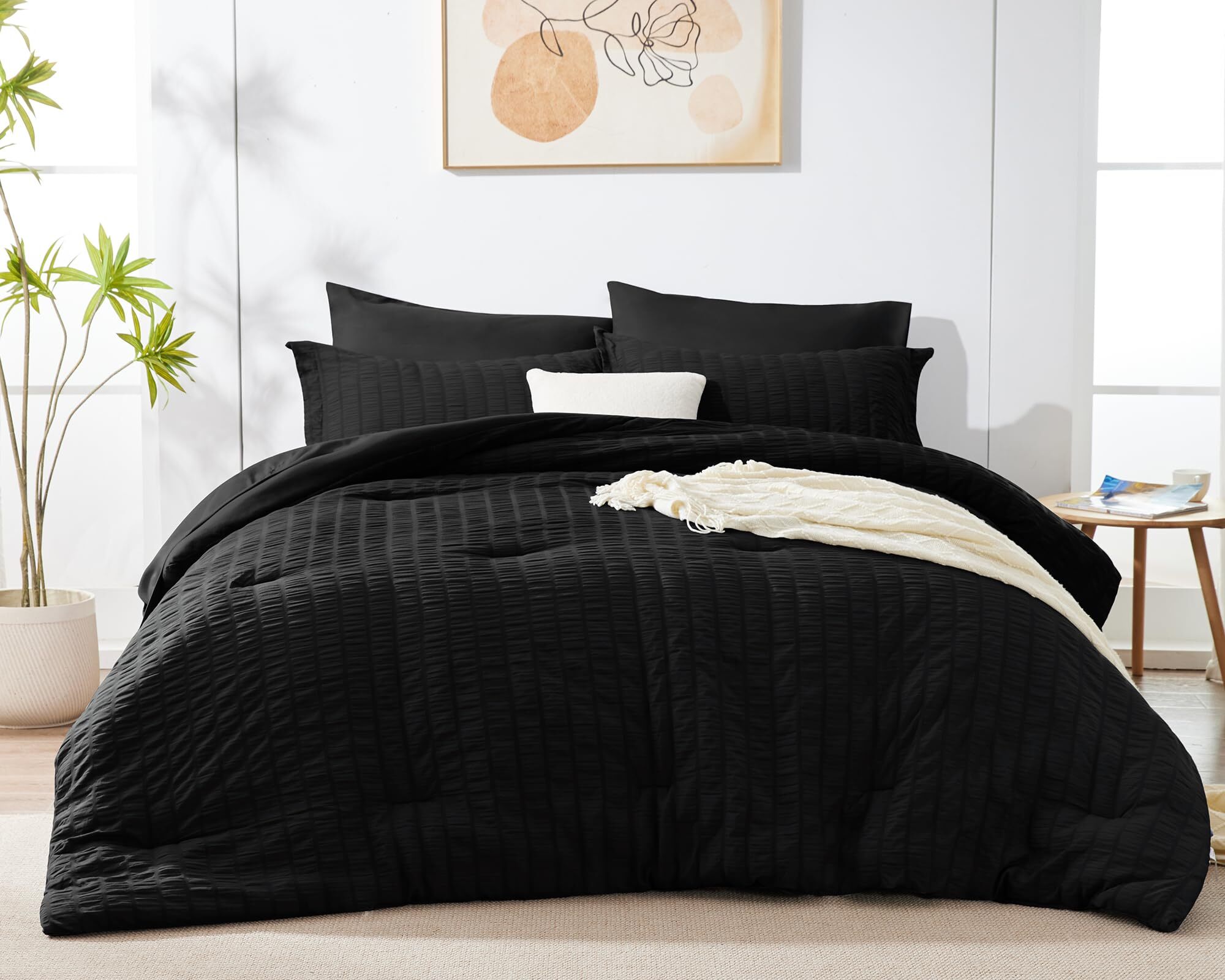 JUSTLET Queen Seersucker Comforter Set with Sheets Black Bed in a Bag 7-Pieces All Season Bedding Sets with Comforter, Pillow Sham, Flat Sheet, Fitted Sheet, Pillowcase