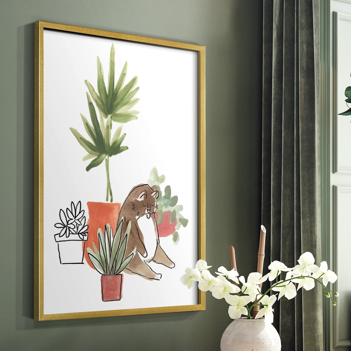 Purrfect Plants II Framed Print in Gold Solid Wood Framed Print No Nail Hanging