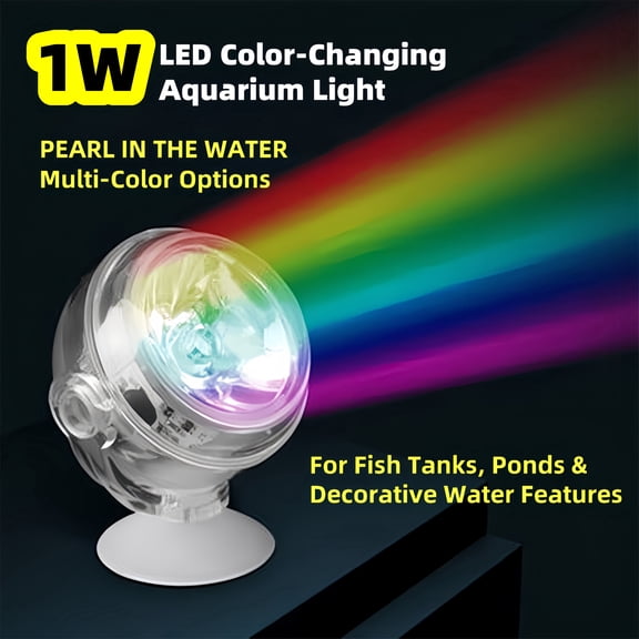 1W LED Color Changing Aquarium Light, Multi-Color Underwater Light with 360° Rotation & Suction Cup, for Fish Tank, Pond, Water Features