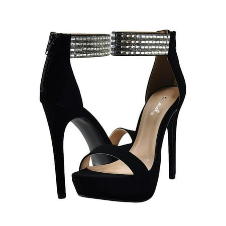 Avalon Black Leather - Qupid Avalon 186 Women's Shoes Embellished Ankle Strap Open Toe Heel Black