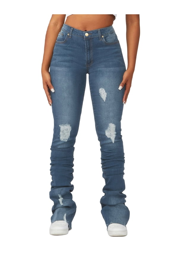 Womens Ripped Stacked Jeans Fashion High Rise Slim Fit Denim Pants