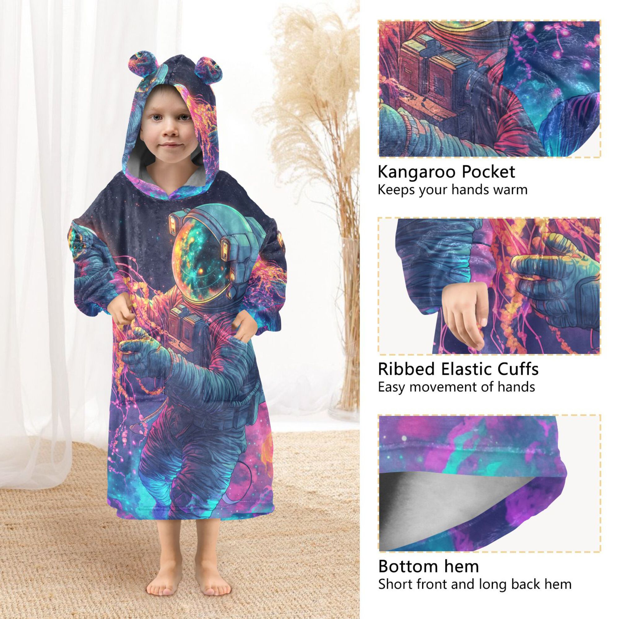 FORMRS Wearable Blanket Hoodie with Sleeves for Kids Cozy Flannel Sweatshirt, Space Astronaut
