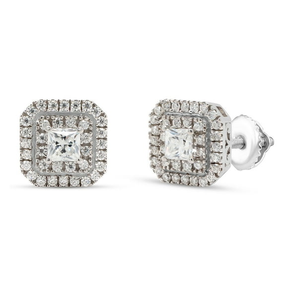 1 Carat Princess Cut Lab Created Moissanite Diamond Double Halo Stud Earrings In 10K Solid White Gold Jewelry For Women (G-H Color, VVS1 Clarity, 1 Cttw)