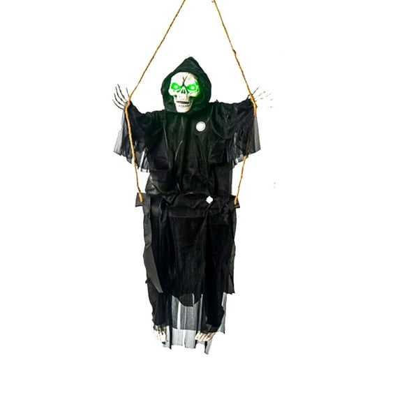 Outdoor Halloween Decoration, 39.3" Scary Swing Grim Reaper with Green Light Up Eyes for Yard,Patio,Haunted House,Hanging Swinging Skeleton Ghost Props